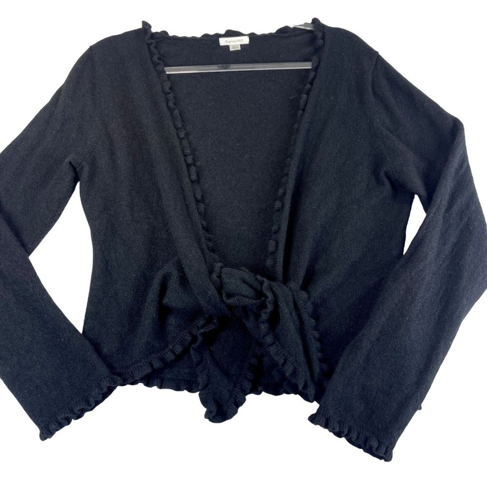 Vintage GARNET HILL Womens L Black Ruffle Tie Front Cashmere Sweater Cardigan